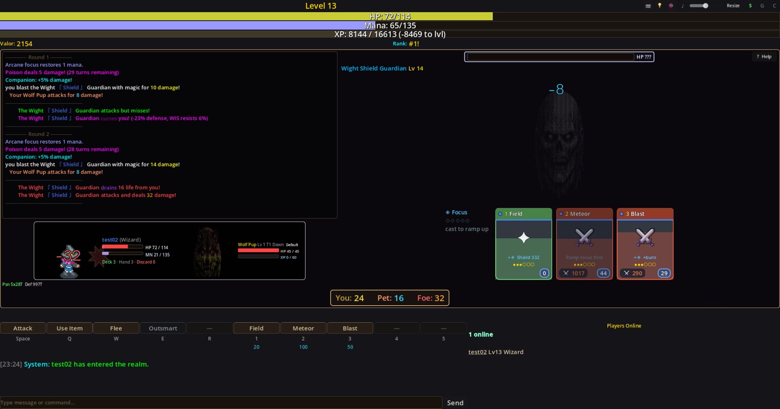 A combat round: a Wight drawn in ASCII takes damage while the player's wizard sprite and Wolf Pup companion fight back, with a hand of three cards below.