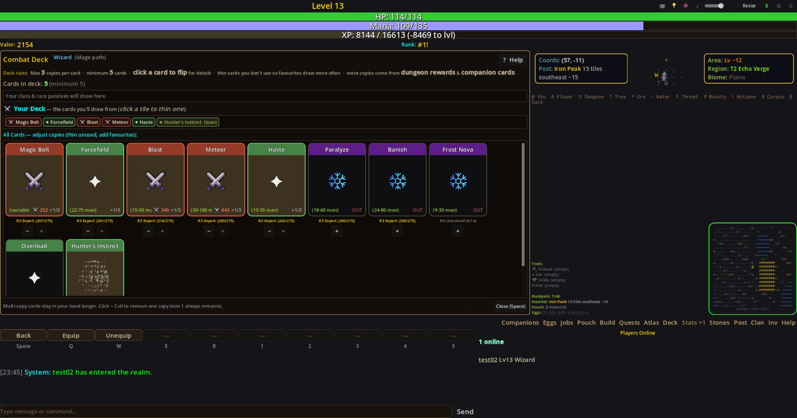 The combat deck screen showing ten ability cards with mana costs, mastery ranks and copy counts, and the current five-card deck strip above.