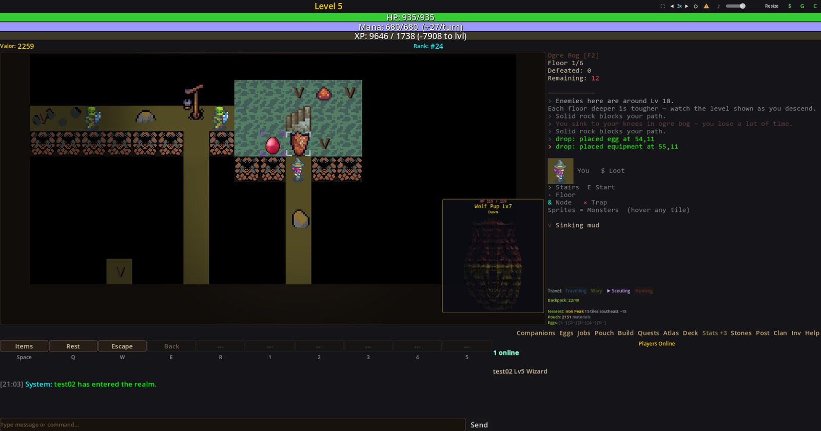 A dungeon floor: the player and a companion stand in a lit chamber with a monster nearby, an egg and a piece of equipment on the ground, and unexplored corridors running off into the dark.