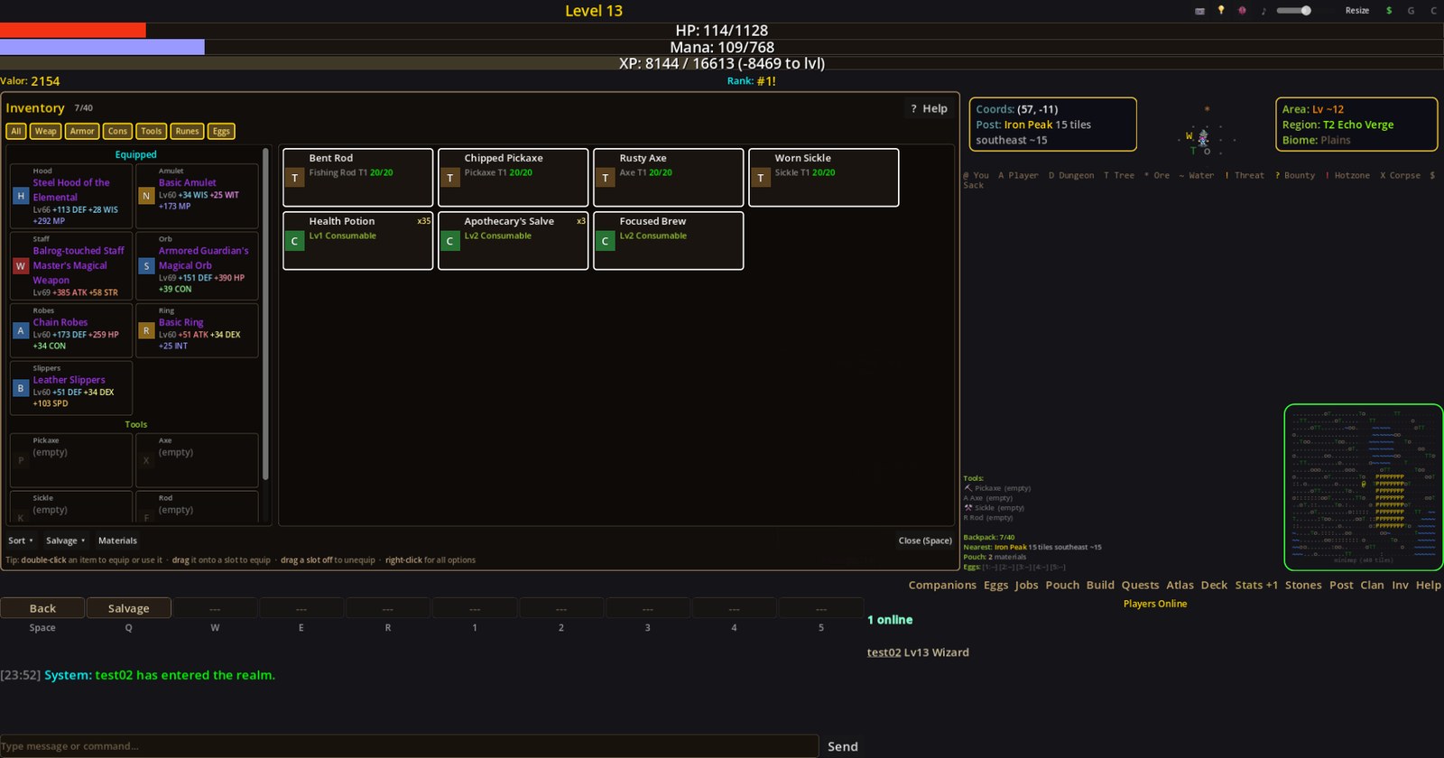 The inventory screen with a fully equipped character: staff, robes, hood, orb, amulet, ring and slippers, each with rarity colouring and rolled stats.